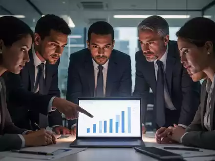 Geschäftsleute in einem modernen Büro, die auf einen Laptop-Bildschirm mit einem Diagramm schauen, das Lohndaten darstellt. - Foto: über boerse-global.de