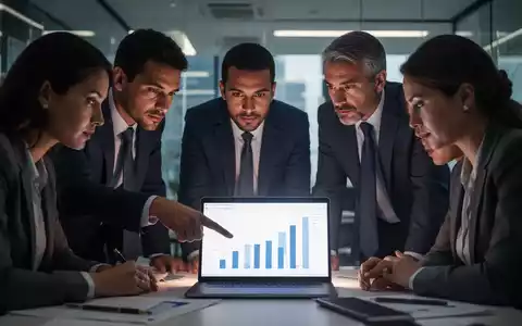 Geschäftsleute in einem modernen Büro, die auf einen Laptop-Bildschirm mit einem Diagramm schauen, das Lohndaten darstellt. - Foto: über boerse-global.de