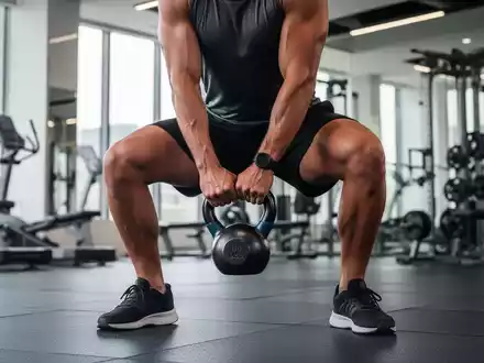 Eine Person führt eine Goblet-Kniebeuge mit einer Kettlebell in einem modernen Fitnessstudio aus, Fokus auf die Muskeln. - Foto: über boerse-global.de