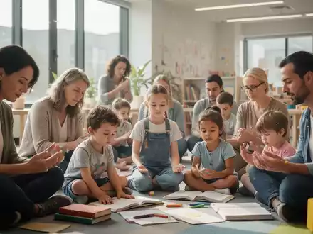 Eine Gruppe von Erwachsenen und Kindern nimmt gemeinsam an einer Achtsamkeitsübung in einem hellen Raum teil. - Foto: über boerse-global.de