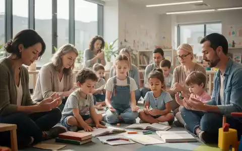 Eine Gruppe von Erwachsenen und Kindern nimmt gemeinsam an einer Achtsamkeitsübung in einem hellen Raum teil. - Foto: über boerse-global.de