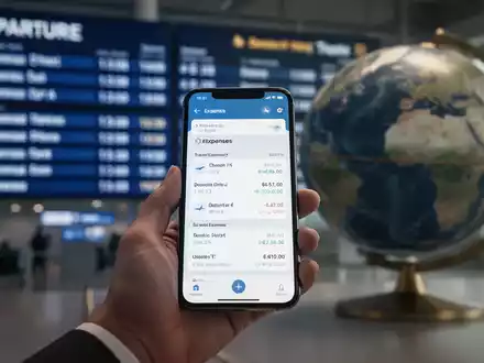 Eine Hand hält ein Smartphone mit einer Reisekosten-App vor einem unscharfen Hintergrund aus Flughafenanzeigen und einem Globus. - Foto: über boerse-global.de