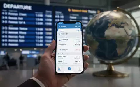 Eine Hand hält ein Smartphone mit einer Reisekosten-App vor einem unscharfen Hintergrund aus Flughafenanzeigen und einem Globus. - Foto: über boerse-global.de