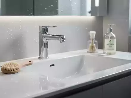 Ein modernes, minimalistisches Badezimmer mit glänzenden Oberflächen, einem Wasserhahn und einem weissen Waschbecken, dazu umweltfreundliche Reinigungsprodukte. - Foto: über boerse-global.de