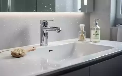 Ein modernes, minimalistisches Badezimmer mit glänzenden Oberflächen, einem Wasserhahn und einem weissen Waschbecken, dazu umweltfreundliche Reinigungsprodukte. - Foto: über boerse-global.de