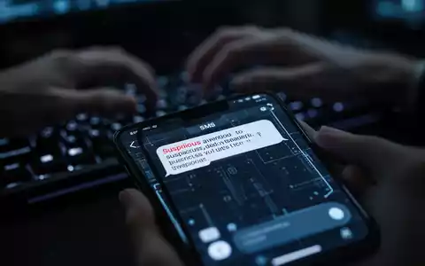 Nahaufnahme eines Smartphone-Bildschirms, der eine verdächtige SMS-Nachricht anzeigt, mit unscharfen Händen, die im Hintergrund auf einer Tastatur tippen. - Foto: über boerse-global.de