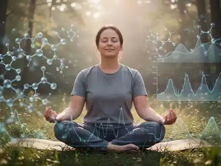 Eine Person meditiert ruhig in einer friedlichen Naturumgebung, umgeben von sanftem Sonnenlicht, mit angedeuteten wissenschaftlichen Daten im Hintergrund. - Foto: über boerse-global.de