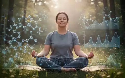 Eine Person meditiert ruhig in einer friedlichen Naturumgebung, umgeben von sanftem Sonnenlicht, mit angedeuteten wissenschaftlichen Daten im Hintergrund. - Foto: über boerse-global.de