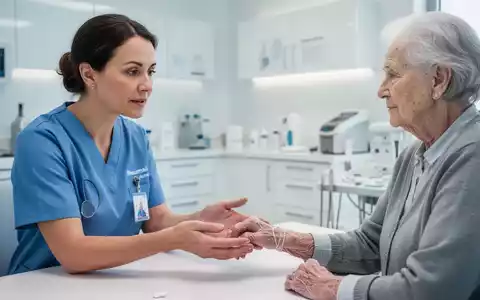 Eine Rheuma-Krankenschwester erklärt einem älteren Patienten mit rheumatoider Arthritis Medikamente in einer modernen Klinik. - Foto: über boerse-global.de