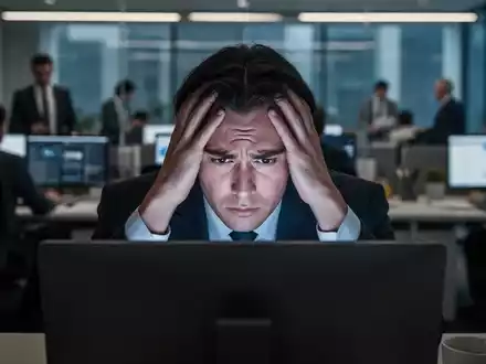 Ein gestresster Geschäftsangestellter im Büro, die Hände am Kopf, das Gesicht vom Computerbildschirm beleuchtet, im Hintergrund verschwommene Kollegen. - Foto: über boerse-global.de