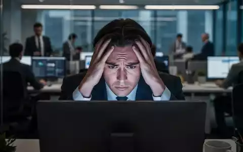Ein gestresster Geschäftsangestellter im Büro, die Hände am Kopf, das Gesicht vom Computerbildschirm beleuchtet, im Hintergrund verschwommene Kollegen. - Foto: über boerse-global.de