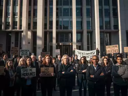 Eine Gruppe von Menschen versammelt sich vor einem modernen Regierungsgebäude, einige halten dezente Protestschilder. - Foto: über boerse-global.de