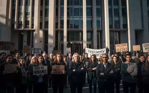 Eine Gruppe von Menschen versammelt sich vor einem modernen Regierungsgebäude, einige halten dezente Protestschilder. - Foto: über boerse-global.de