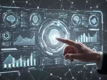 A glowing, futuristic user interface with holographic elements and data visualizations, depicting AI tools and digital connectivity. - Foto: über boerse-global.de