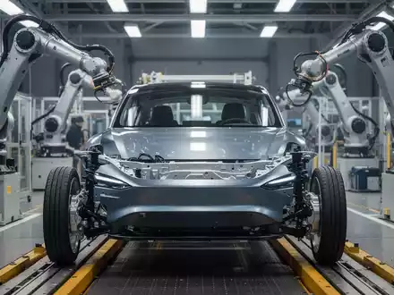 Ein modernes Elektroauto-Chassis auf einer Montagelinie mit Roboterarmen im Hintergrund, das Technologie und Produktion darstellt. - Foto: über boerse-global.de