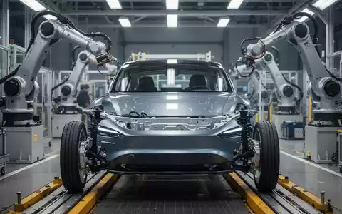 Ein modernes Elektroauto-Chassis auf einer Montagelinie mit Roboterarmen im Hintergrund, das Technologie und Produktion darstellt. - Foto: über boerse-global.de