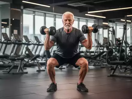 Ein fitter älterer Herr in den 60ern, der in einem modernen Fitnessstudio eine Goblet-Kniebeuge mit einer Hantel ausführt. - Foto: über boerse-global.de