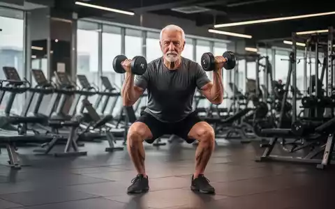 Ein fitter älterer Herr in den 60ern, der in einem modernen Fitnessstudio eine Goblet-Kniebeuge mit einer Hantel ausführt. - Foto: über boerse-global.de
