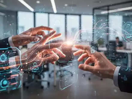 Menschliche Hände interagieren mit leuchtenden digitalen Schnittstellen und Datenströmen, symbolisierend KI in HR-Prozessen. - Foto: über boerse-global.de