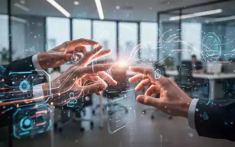 Menschliche Hände interagieren mit leuchtenden digitalen Schnittstellen und Datenströmen, symbolisierend KI in HR-Prozessen. - Foto: über boerse-global.de