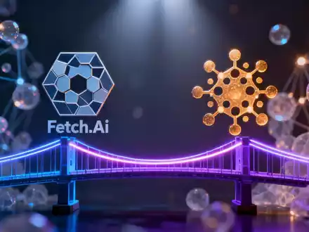 Eine futuristische digitale Brücke verbindet zwei Blockchain-Symbole, die Fetch.AI und Cardano repräsentieren, umgeben von Datenpunkten. - Foto: über boerse-global.de