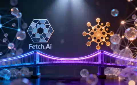 Eine futuristische digitale Brücke verbindet zwei Blockchain-Symbole, die Fetch.AI und Cardano repräsentieren, umgeben von Datenpunkten. - Foto: über boerse-global.de
