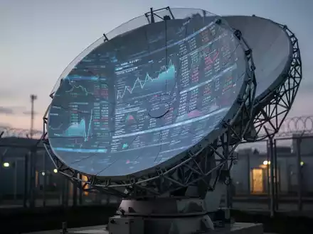 Nahaufnahme einer modernen Radarschüssel mit einer subtilen Reflexion von Finanzdaten, im Hintergrund eine sichere Militäranlage. - Foto: über boerse-global.de