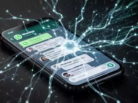 Eine stilisierte, leuchtende neuronale Netzwerkgrafik überlagert einen Smartphone-Bildschirm mit WhatsApp-Chats, symbolisiert KI und Datenschutz. - Foto: über boerse-global.de