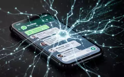 Eine stilisierte, leuchtende neuronale Netzwerkgrafik überlagert einen Smartphone-Bildschirm mit WhatsApp-Chats, symbolisiert KI und Datenschutz. - Foto: über boerse-global.de