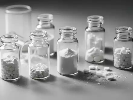Nahaufnahme von kleinen, eleganten Glasphiolen mit feinem weissem Pulver oder Tabletten auf einer minimalistischen, weiss beleuchteten Oberfläche. - Foto: über boerse-global.de