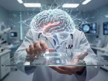 Ein futuristisches, leuchtendes Gehirn-Hologramm mit neuronalen Netzen über den Händen eines Arztes, der mit einer KI-Oberfläche interagiert. - Foto: über boerse-global.de
