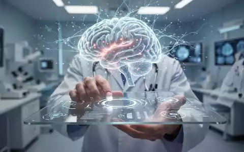 Ein futuristisches, leuchtendes Gehirn-Hologramm mit neuronalen Netzen über den Händen eines Arztes, der mit einer KI-Oberfläche interagiert. - Foto: über boerse-global.de