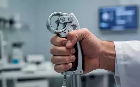 Eine Hand, die fest ein Handdynamometer greift, mit einem verschwommenen Hintergrund, der eine medizinische Umgebung andeutet. - Foto: über boerse-global.de