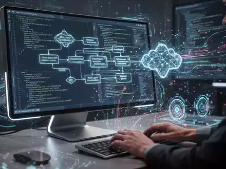 A futuristic desktop computer screen displays complex AI workflow diagrams and code, with holographic data streams surrounding hands on a keyboard. - Foto: über boerse-global.de