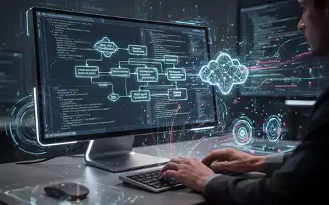 A futuristic desktop computer screen displays complex AI workflow diagrams and code, with holographic data streams surrounding hands on a keyboard. - Foto: über boerse-global.de