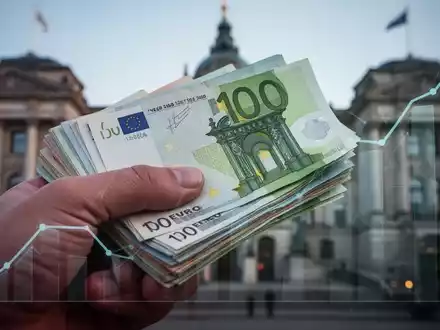 Eine Hand hält einen Stapel Euro-Banknoten, im unscharfen Hintergrund sind Regierungsgebäude und eine ansteigende Grafik zu sehen. - Foto: über boerse-global.de