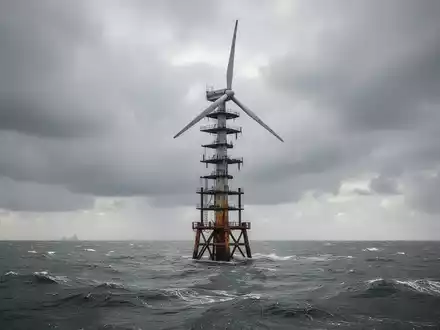 Eine einzelne, unvollendete Offshore-Windturbine steht verlassen in einem stürmischen Meer unter einem dramatischen Himmel. - Foto: über boerse-global.de