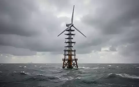 Eine einzelne, unvollendete Offshore-Windturbine steht verlassen in einem stürmischen Meer unter einem dramatischen Himmel. - Foto: über boerse-global.de