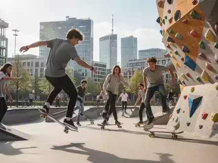 Junge Leute skaten und bouldern in einem urbanen Park in Stuttgart, mit modernen Gebäuden im Hintergrund, bei sonnigem Wetter. - Foto: über boerse-global.de