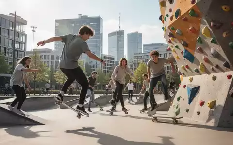 Junge Leute skaten und bouldern in einem urbanen Park in Stuttgart, mit modernen Gebäuden im Hintergrund, bei sonnigem Wetter. - Foto: über boerse-global.de
