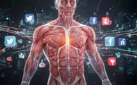 Abstrakte Darstellung des menschlichen Stoffwechsels, verknĂŒpft mit digitalen Datenströmen und Social-Media-Symbolen. - Foto: ĂŒber boerse-global.de