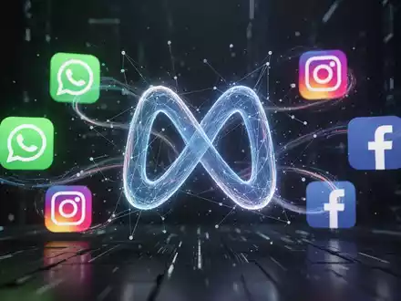 Stylized Meta 'M' logo with digital lines and app icons for WhatsApp, Instagram, and Facebook, symbolizing unified subscriptions and AI. - Foto: über boerse-global.de