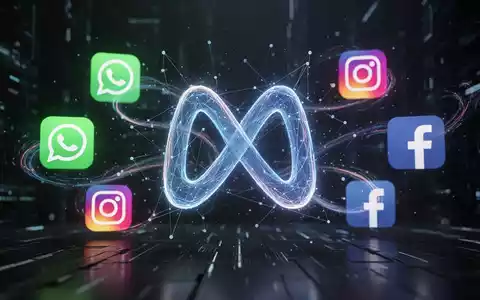 Stylized Meta 'M' logo with digital lines and app icons for WhatsApp, Instagram, and Facebook, symbolizing unified subscriptions and AI. - Foto: über boerse-global.de