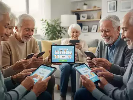 Ältere Erwachsene nutzen Tablets und Smartphones, um an einem digitalen Quiz teilzunehmen, das kognitive Fitness und lebenslanges Lernen fördert. - Foto: über boerse-global.de