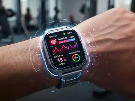 Nahaufnahme einer Smartwatch am Handgelenk, die Gesundheitsdaten wie Herzfrequenz und Nährwertanalyse anzeigt, mit verschwommenem Hintergrund. - Foto: über boerse-global.de