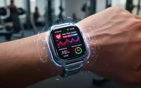 Nahaufnahme einer Smartwatch am Handgelenk, die Gesundheitsdaten wie Herzfrequenz und Nährwertanalyse anzeigt, mit verschwommenem Hintergrund. - Foto: über boerse-global.de