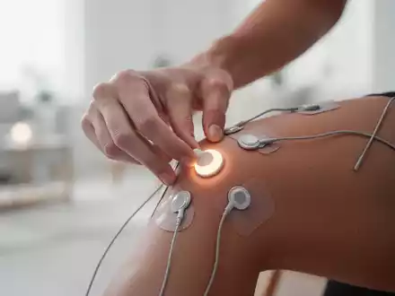 Eine Hand platziert Elektroden eines TENS-Geräts auf einem Knie, im Hintergrund ein helles, modernes Zuhause. - Foto: über boerse-global.de