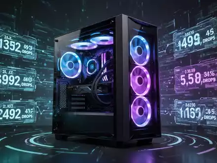A close-up of a modern gaming PC tower with internal blue and purple lighting, surrounded by abstract digital data streams and downward-trending graphs. - Foto: über boerse-global.de