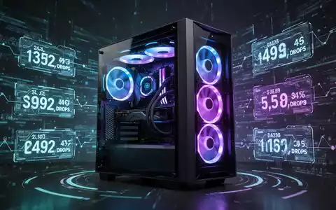A close-up of a modern gaming PC tower with internal blue and purple lighting, surrounded by abstract digital data streams and downward-trending graphs. - Foto: über boerse-global.de