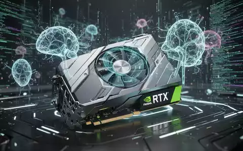 A close-up of a futuristic NVIDIA RTX GPU with glowing accents and holographic projections of data and neural networks. - Foto: über boerse-global.de